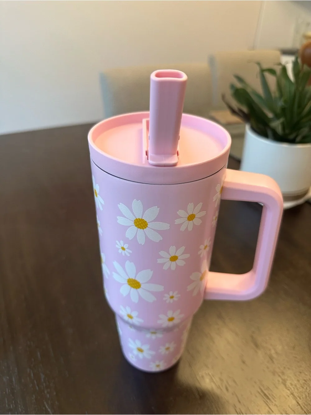 Pink Daisy Insulated Travel Mug with Handle - Out of Office Design